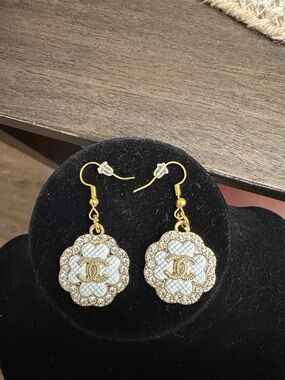 CC Gold and White Floral Drop Earrings